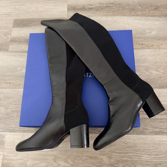 NEW Stuart Weitzman Black Leather Stretch Back Gillian 60 OTK Boots US 6 - Picture 2 of 6